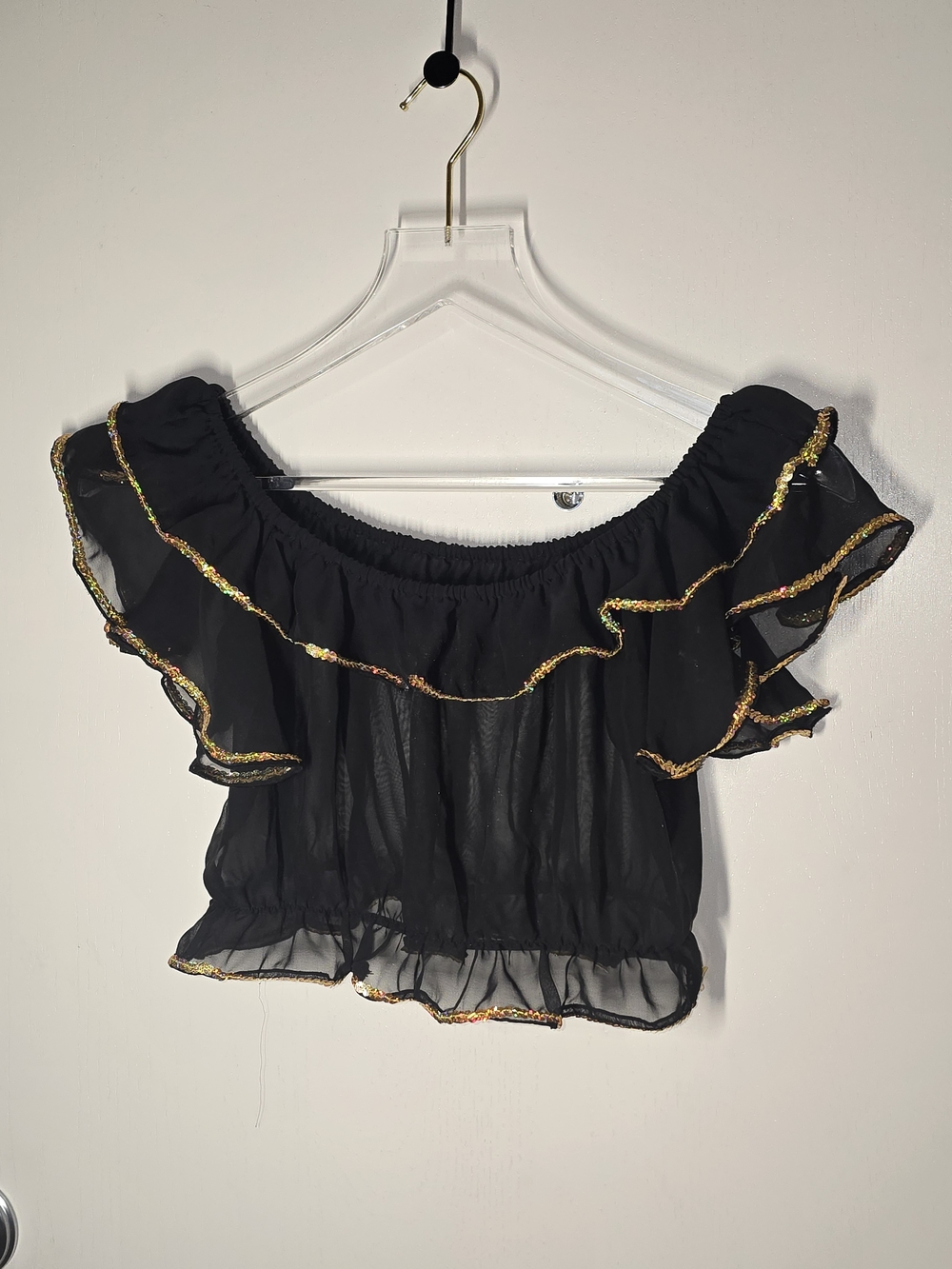 Black Ruffle Off-Shoulder Crop Top with Gold Trim